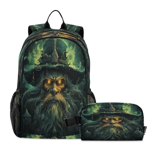 LINNIKEEEE Cooler Dunkelgrüner Totenkopf Studentenrucksack Lunchtasche Set – Leichte Schultasche für Jungen Mädchen von LINNIKEEEE