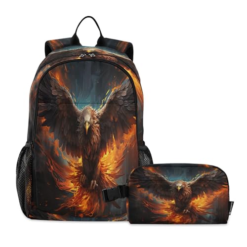 LINNIKEEEE Cooler Gefeuerter Adler Studentenrucksack Lunchtasche Set – Leichte Schultasche für Jungen Mädchen von LINNIKEEEE