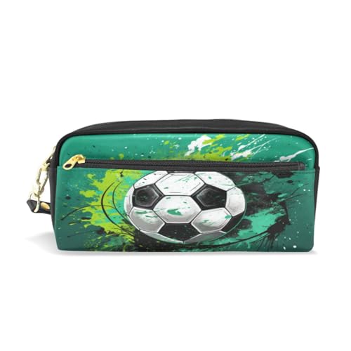 LINNIKEEEE Cooler Grüner Fußball Federmäppchen aus Leder,Mäppchen Schlamperbox Stifttasche,Make-up-Tasche,Organizer für Jungen Mädchen von LINNIKEEEE