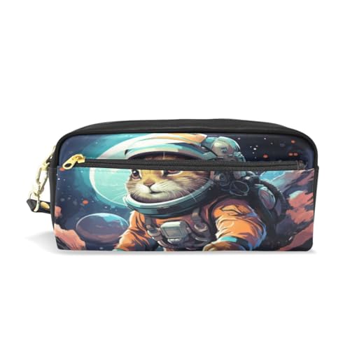 LINNIKEEEE Cooler Katzenastronaut Federmäppchen aus Leder,Mäppchen Schlamperbox Stifttasche,Make-up-Tasche,Organizer für Jungen Mädchen von LINNIKEEEE