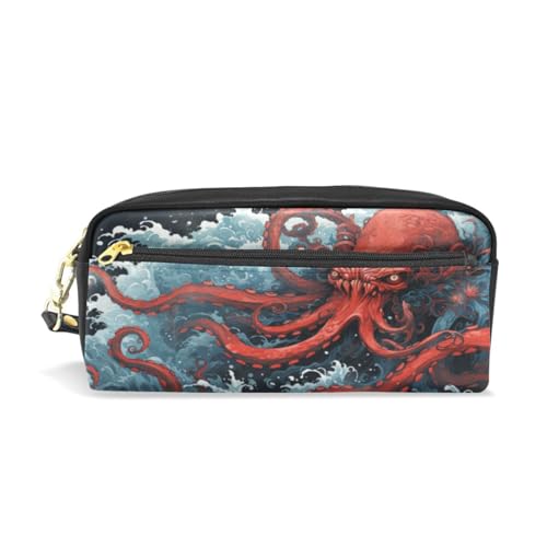 LINNIKEEEE Cooler Meeresroter Oktopus Federmäppchen aus Leder,Mäppchen Schlamperbox Stifttasche,Make-up-Tasche,Organizer für Jungen Mädchen von LINNIKEEEE