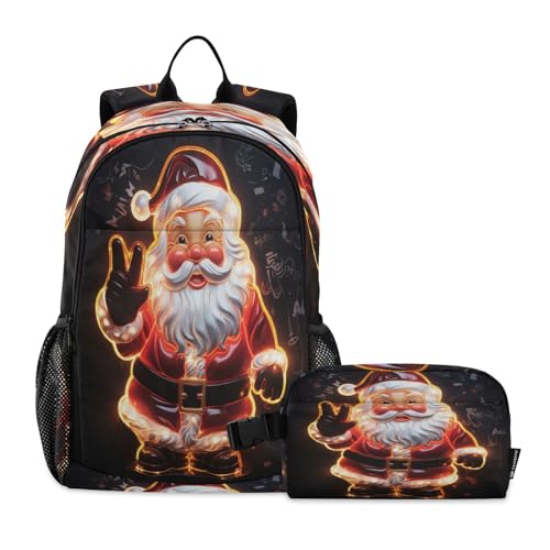 LINNIKEEEE Cooler Neon-Weihnachtsmann Studentenrucksack Lunchtasche Set – Leichte Schultasche für Jungen Mädchen von LINNIKEEEE