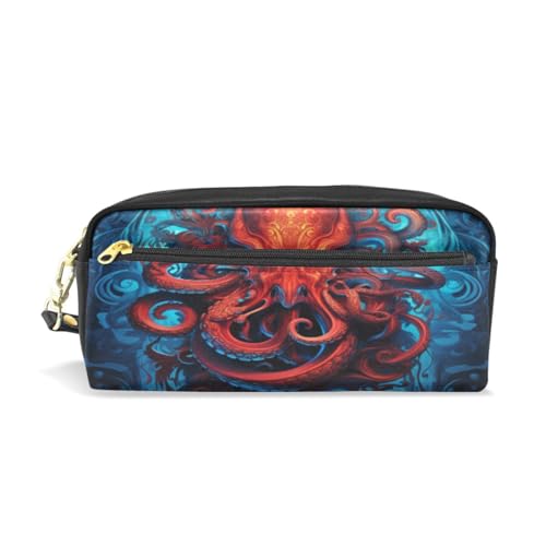 LINNIKEEEE Cooler Roter Oktopus Federmäppchen aus Leder,Mäppchen Schlamperbox Stifttasche,Make-up-Tasche,Organizer für Jungen Mädchen von LINNIKEEEE