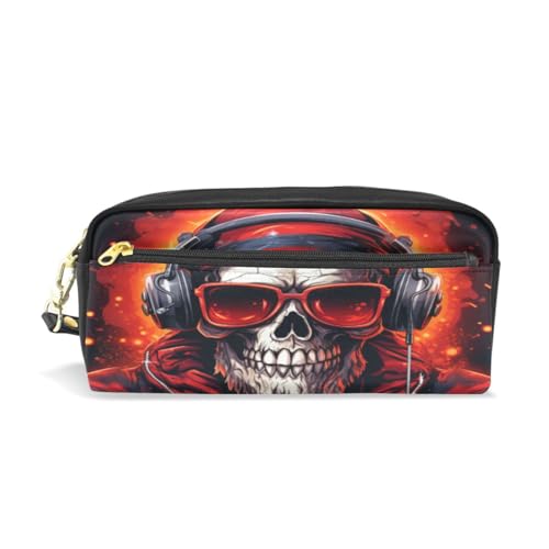 LINNIKEEEE Cooler Weihnachtlicher Roter Totenkopf Federmäppchen aus Leder,Mäppchen Schlamperbox Stifttasche,Make-up-Tasche,Organizer für Jungen Mädchen von LINNIKEEEE