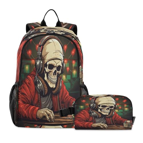 LINNIKEEEE Cooler Weihnachts-Dj Studentenrucksack Lunchtasche Set – Leichte Schultasche für Jungen Mädchen von LINNIKEEEE