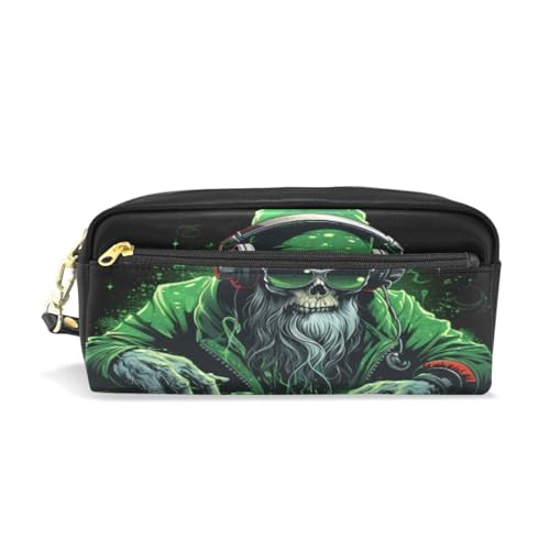 LINNIKEEEE Cooler Weihnachtsgrüner Dj Federmäppchen aus Leder,Mäppchen Schlamperbox Stifttasche,Make-up-Tasche,Organizer für Jungen Mädchen von LINNIKEEEE