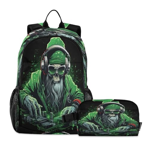 LINNIKEEEE Cooler Weihnachtsgrüner Dj Studentenrucksack Lunchtasche Set – Leichte Schultasche für Jungen Mädchen von LINNIKEEEE