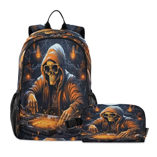 LINNIKEEEE Cooler Weihnachtsschädel Studentenrucksack Lunchtasche Set – Leichte Schultasche für Jungen Mädchen von LINNIKEEEE