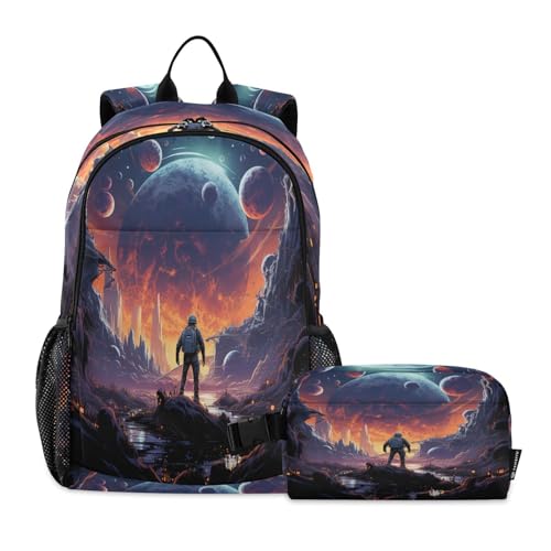 LINNIKEEEE Cooler Weltraumastronaut Studentenrucksack Lunchtasche Set – Leichte Schultasche für Jungen Mädchen von LINNIKEEEE