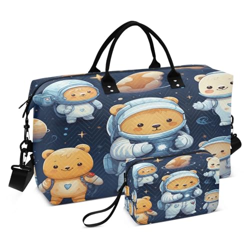 LINNIKEEEE Cooler Weltraumbär Astronaut Reise-Seesäcke, Sporttasche, Weekender Handtasche mit Kulturbeutel für Damen Mädchen Herren von LINNIKEEEE