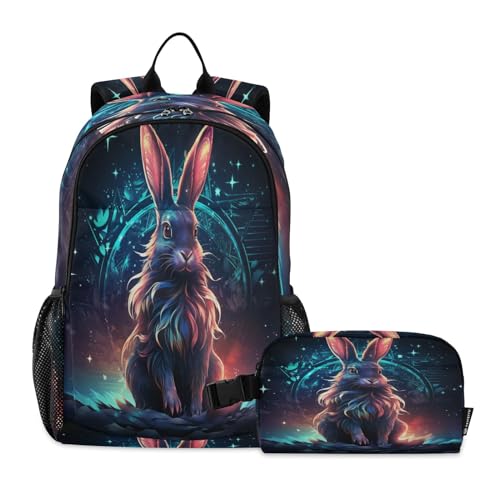 LINNIKEEEE Cooler Weltraumkaninchen Studentenrucksack Lunchtasche Set – Leichte Schultasche für Jungen Mädchen von LINNIKEEEE