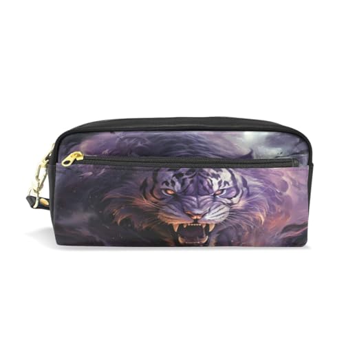 LINNIKEEEE Cooler Wütender Lila Tiger Federmäppchen aus Leder,Mäppchen Schlamperbox Stifttasche,Make-up-Tasche,Organizer für Jungen Mädchen von LINNIKEEEE