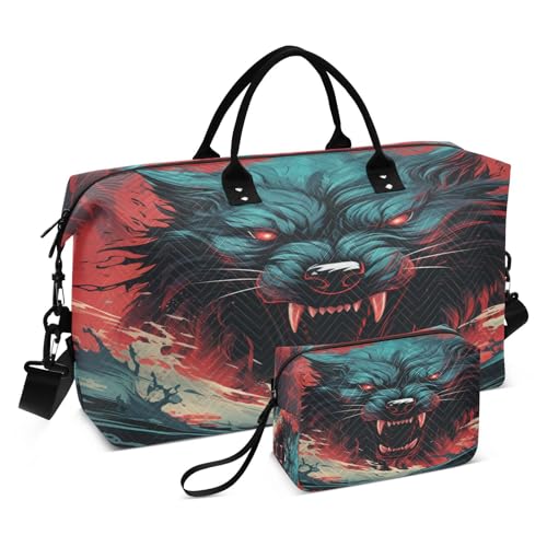 LINNIKEEEE Cooler Wütender Roter Wolf Reise-Seesäcke, Sporttasche, Weekender Handtasche mit Kulturbeutel für Damen Mädchen Herren von LINNIKEEEE