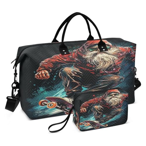 LINNIKEEEE Cooles Weihnachts Skateboard Santa Reise-Seesäcke, Sporttasche, Weekender Handtasche mit Kulturbeutel für Damen Mädchen Herren von LINNIKEEEE