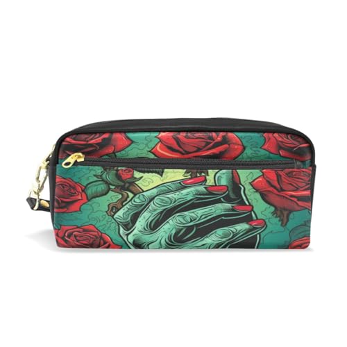 LINNIKEEEE Florale Rosagrüne Hand Federmäppchen aus Leder,Mäppchen Schlamperbox Stifttasche,Make-up-Tasche,Organizer für Jungen Mädchen von LINNIKEEEE