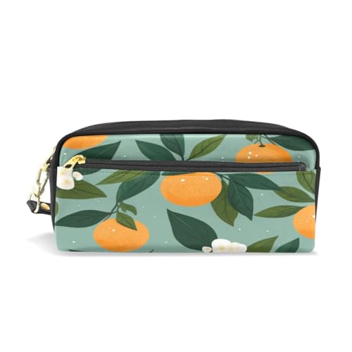 LINNIKEEEE Fruchtmuster Orangen Federmäppchen aus Leder,Mäppchen Schlamperbox Stifttasche,Make-up-Tasche,Organizer für Jungen Mädchen von LINNIKEEEE