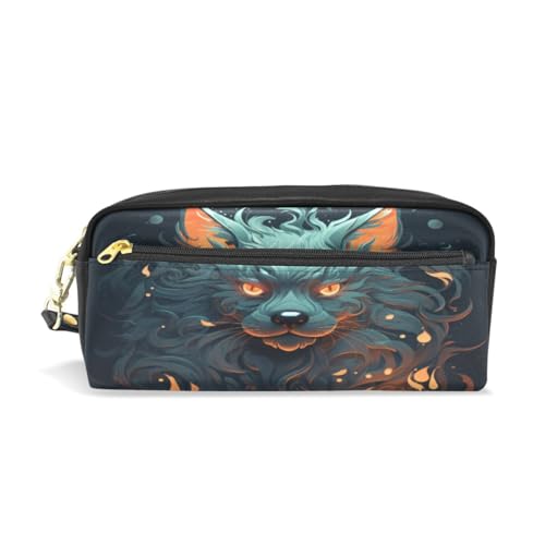 LINNIKEEEE Gefeuerter Tierfuchs Federmäppchen aus Leder,Mäppchen Schlamperbox Stifttasche,Make-up-Tasche,Organizer für Jungen Mädchen von LINNIKEEEE