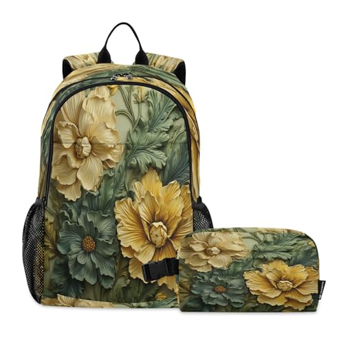 LINNIKEEEE Gelbes Aquarell-Blumenmuster Studentenrucksack Lunchtasche Set – Leichte Schultasche für Jungen Mädchen von LINNIKEEEE