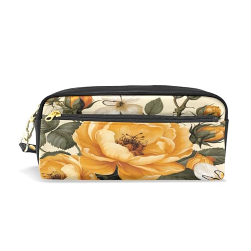 LINNIKEEEE Gelbes Rosenmuster Federmäppchen aus Leder,Mäppchen Schlamperbox Stifttasche,Make-up-Tasche,Organizer für Jungen Mädchen von LINNIKEEEE