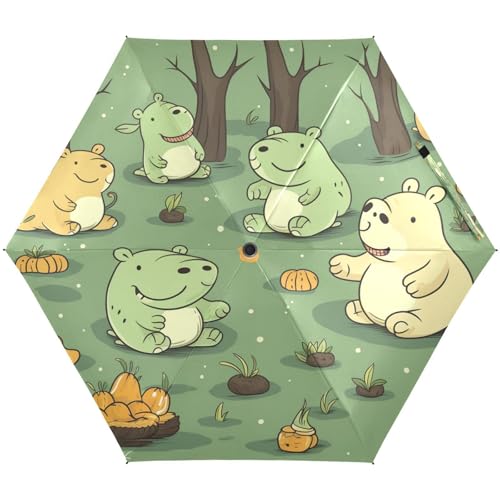 LINNIKEEEE Grüne Cartoon Nilpferde Kleiner Leichter Regenschirm,Winddicht Faltbar Kompakt für Jungen und Mädchen von LINNIKEEEE