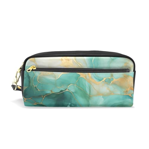 LINNIKEEEE Grüne Marmorkunst Federmäppchen aus Leder,Mäppchen Schlamperbox Stifttasche,Make-up-Tasche,Organizer für Jungen Mädchen von LINNIKEEEE
