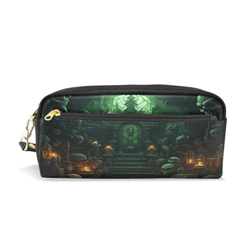 LINNIKEEEE Grüner Halloween-Kürbis Federmäppchen aus Leder,Mäppchen Schlamperbox Stifttasche,Make-up-Tasche,Organizer für Jungen Mädchen von LINNIKEEEE