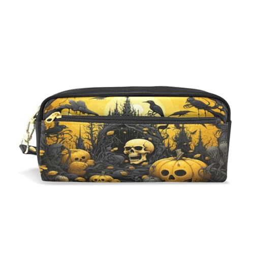 LINNIKEEEE Halloween Kürbis Gelb Federmäppchen aus Leder,Mäppchen Schlamperbox Stifttasche,Make-up-Tasche,Organizer für Jungen Mädchen von LINNIKEEEE