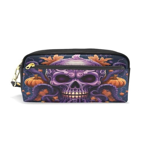 LINNIKEEEE Halloween-Kürbisschädel Federmäppchen aus Leder,Mäppchen Schlamperbox Stifttasche,Make-up-Tasche,Organizer für Jungen Mädchen von LINNIKEEEE