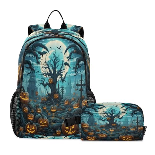 LINNIKEEEE Halloween-Muster Kürbis Studentenrucksack Lunchtasche Set – Leichte Schultasche für Jungen Mädchen von LINNIKEEEE