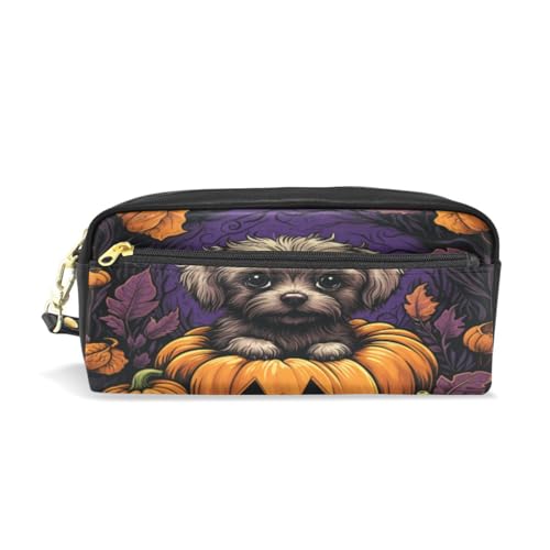 LINNIKEEEE Halloween-Musterhunde Federmäppchen aus Leder,Mäppchen Schlamperbox Stifttasche,Make-up-Tasche,Organizer für Jungen Mädchen von LINNIKEEEE