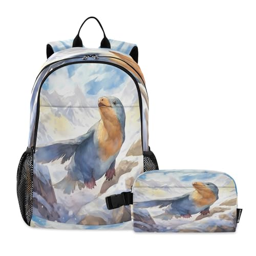 LINNIKEEEE Kinder Aquarell Schnabeltier Studentenrucksack Lunchtasche Set – Leichte Schultasche für Jungen Mädchen von LINNIKEEEE