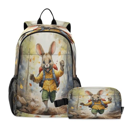 LINNIKEEEE Kinder Aquarell Süßer Hase Studentenrucksack Lunchtasche Set – Leichte Schultasche für Jungen Mädchen von LINNIKEEEE