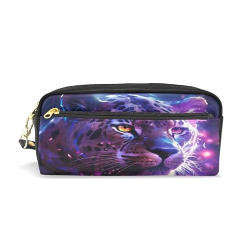 LINNIKEEEE Lila Aquarell-Gepard Federmäppchen aus Leder,Mäppchen Schlamperbox Stifttasche,Make-up-Tasche,Organizer für Jungen Mädchen von LINNIKEEEE