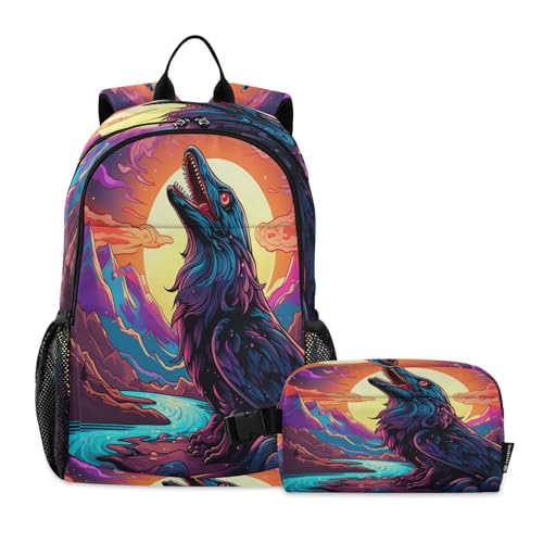 LINNIKEEEE Lila Aquarell-Schnabeltier Studentenrucksack Lunchtasche Set – Leichte Schultasche für Jungen Mädchen von LINNIKEEEE