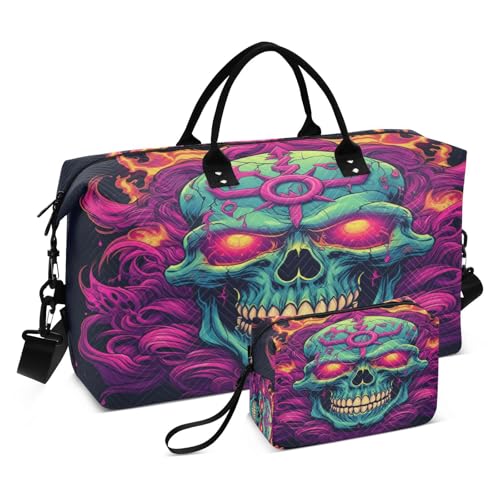 LINNIKEEEE Lila Flamme Gebrannten Schädel Reise-Seesäcke, Sporttasche, Weekender Handtasche mit Kulturbeutel für Damen Mädchen Herren von LINNIKEEEE