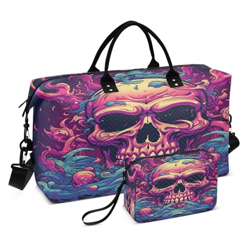 LINNIKEEEE Lila Totenkopf Blau Reise-Seesäcke, Sporttasche, Weekender Handtasche mit Kulturbeutel für Damen Mädchen Herren von LINNIKEEEE