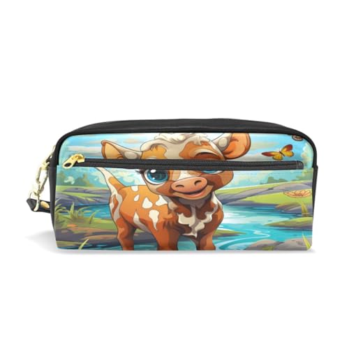 LINNIKEEEE Lustige Aquarellkuh Federmäppchen aus Leder,Mäppchen Schlamperbox Stifttasche,Make-up-Tasche,Organizer für Jungen Mädchen von LINNIKEEEE