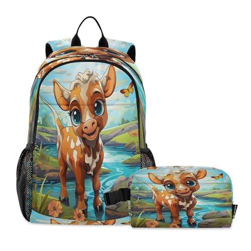 LINNIKEEEE Lustige Aquarellkuh Studentenrucksack Lunchtasche Set – Leichte Schultasche für Jungen Mädchen von LINNIKEEEE