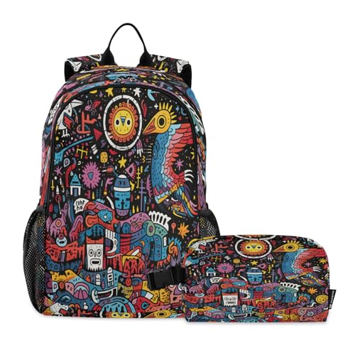 LINNIKEEEE Lustige Cartoon-Weißkopfseeadler Studentenrucksack Lunchtasche Set – Leichte Schultasche für Jungen Mädchen von LINNIKEEEE