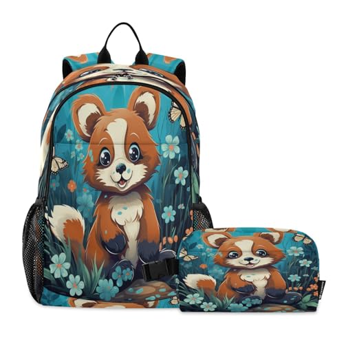 LINNIKEEEE Lustiger Aquarell Roter Panda Studentenrucksack Lunchtasche Set – Leichte Schultasche für Jungen Mädchen von LINNIKEEEE