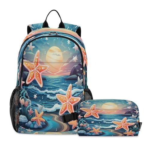 LINNIKEEEE Lustiger Aquarell-Seestern Studentenrucksack Lunchtasche Set – Leichte Schultasche für Jungen Mädchen von LINNIKEEEE