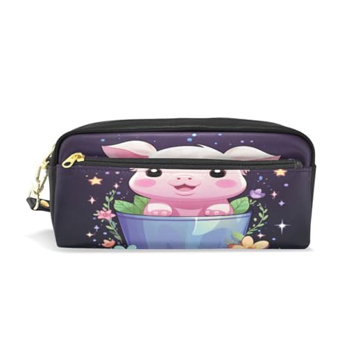 LINNIKEEEE Lustiges Aquarell Süßes Schwein Federmäppchen aus Leder,Mäppchen Schlamperbox Stifttasche,Make-up-Tasche,Organizer für Jungen Mädchen von LINNIKEEEE