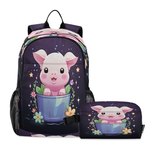 LINNIKEEEE Lustiges Aquarell Süßes Schwein Studentenrucksack Lunchtasche Set – Leichte Schultasche für Jungen Mädchen von LINNIKEEEE