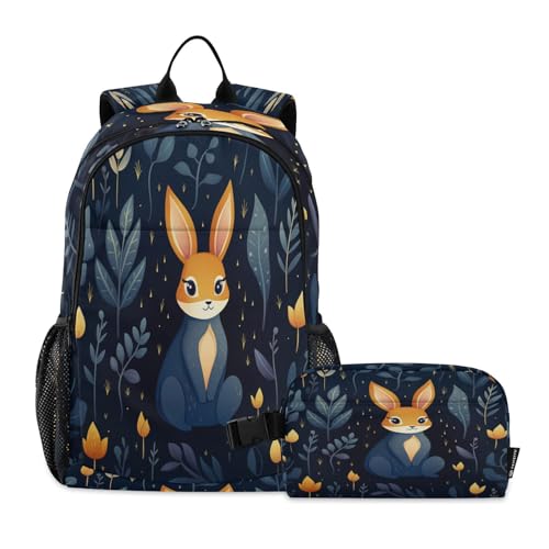 LINNIKEEEE Lustiges Cartoon-Kaninchen Studentenrucksack Lunchtasche Set – Leichte Schultasche für Jungen Mädchen von LINNIKEEEE
