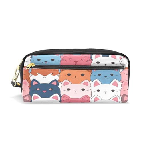 LINNIKEEEE Niedliche Cartoon-Wiederholungskatzen Federmäppchen aus Leder,Mäppchen Schlamperbox Stifttasche,Make-up-Tasche,Organizer für Jungen Mädchen von LINNIKEEEE