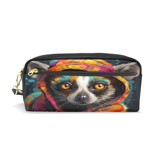 LINNIKEEEE Niedlicher Cartoon-Kunst-Lemur Federmäppchen aus Leder,Mäppchen Schlamperbox Stifttasche,Make-up-Tasche,Organizer für Jungen Mädchen von LINNIKEEEE