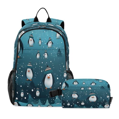 LINNIKEEEE Niedlicher Cartoon-Muster-Pinguin Studentenrucksack Lunchtasche Set – Leichte Schultasche für Jungen Mädchen von LINNIKEEEE