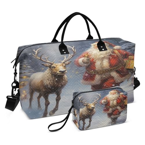 LINNIKEEEE Ölgemälde Weihnachtsmann Hirsch Reise-Seesäcke, Sporttasche, Weekender Handtasche mit Kulturbeutel für Damen Mädchen Herren von LINNIKEEEE
