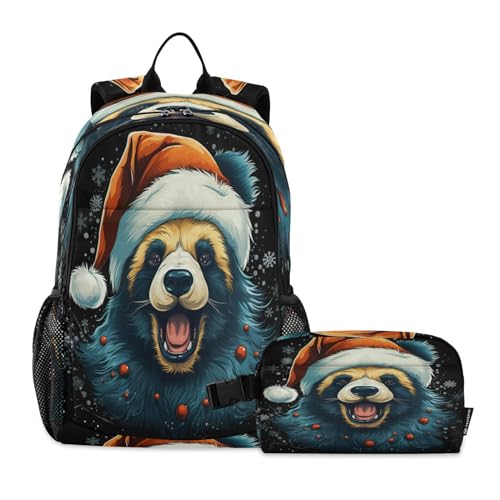 LINNIKEEEE Panda Im Weihnachtsstil Studentenrucksack Lunchtasche Set – Leichte Schultasche für Jungen Mädchen von LINNIKEEEE