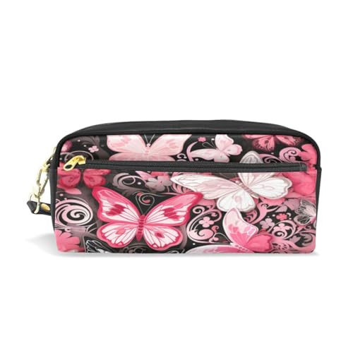 LINNIKEEEE Rosa Blumenschmetterling Federmäppchen aus Leder,Mäppchen Schlamperbox Stifttasche,Make-up-Tasche,Organizer für Jungen Mädchen von LINNIKEEEE